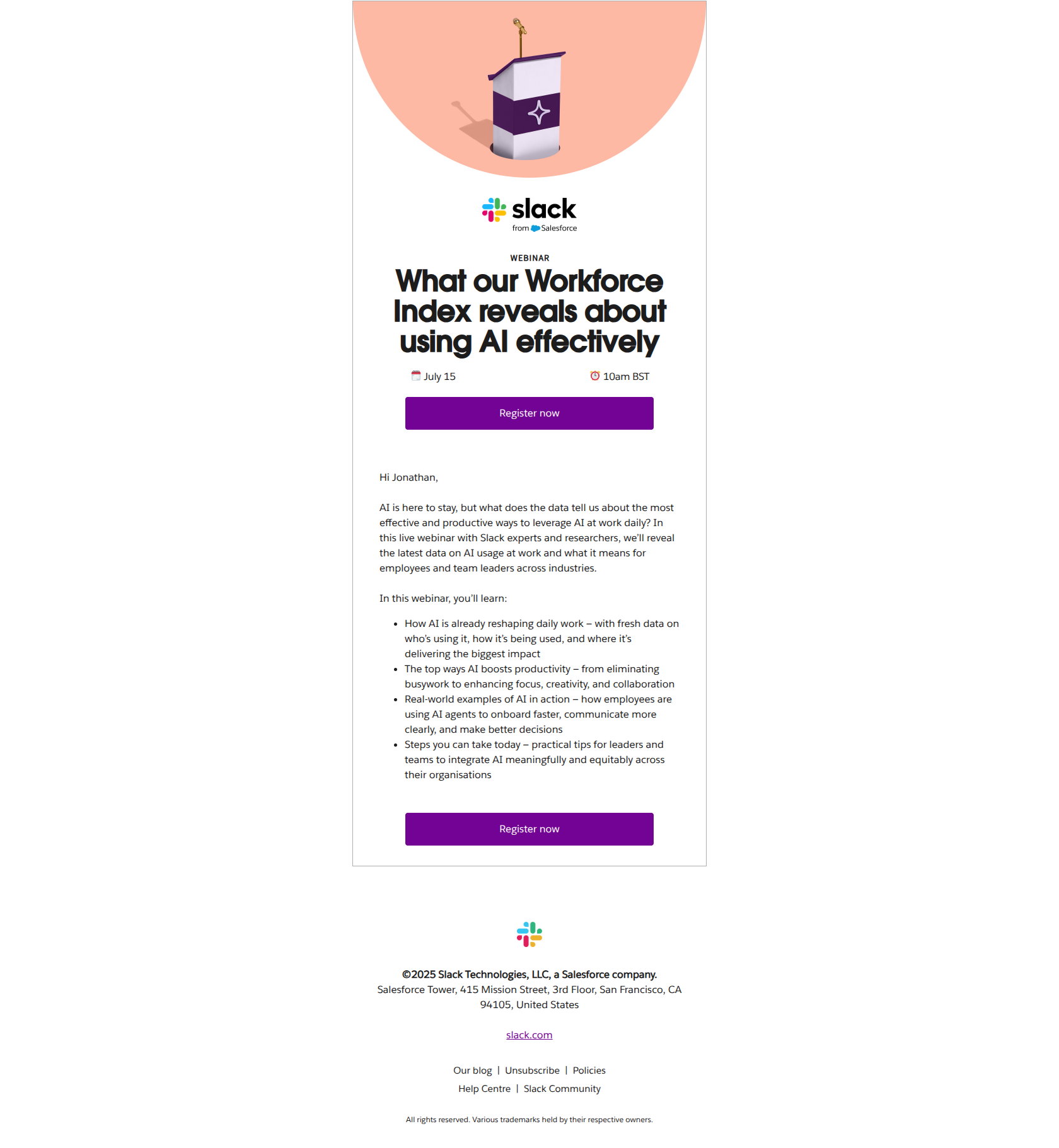 Webinar: Unlocking the real-world power of AI at work — email screenshot from Slack