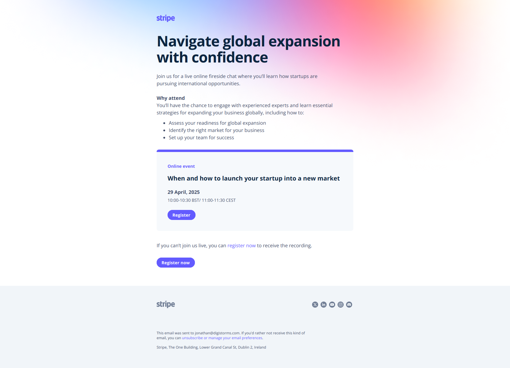 When and how to launch your startup into a new market — email screenshot from Stripe