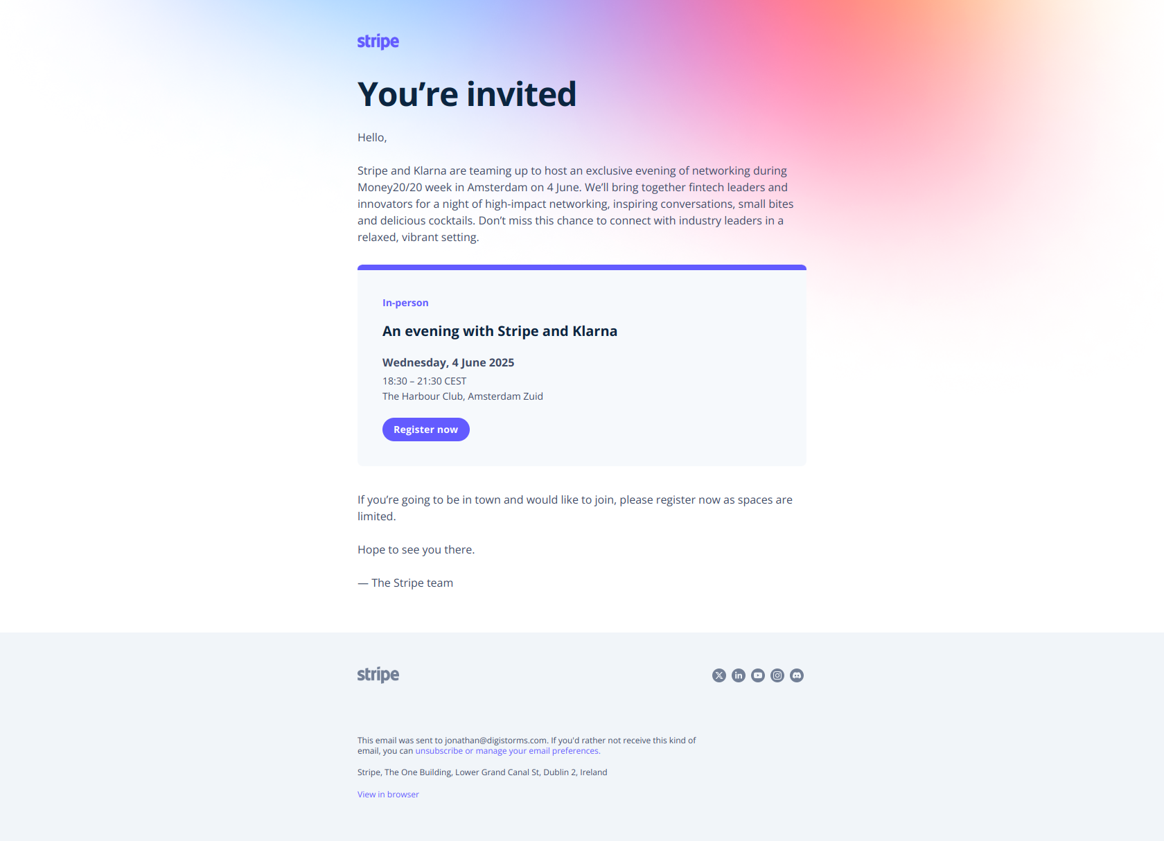You’re invited: Stripe and Klarna’s networking reception, 4 June — email screenshot from Stripe