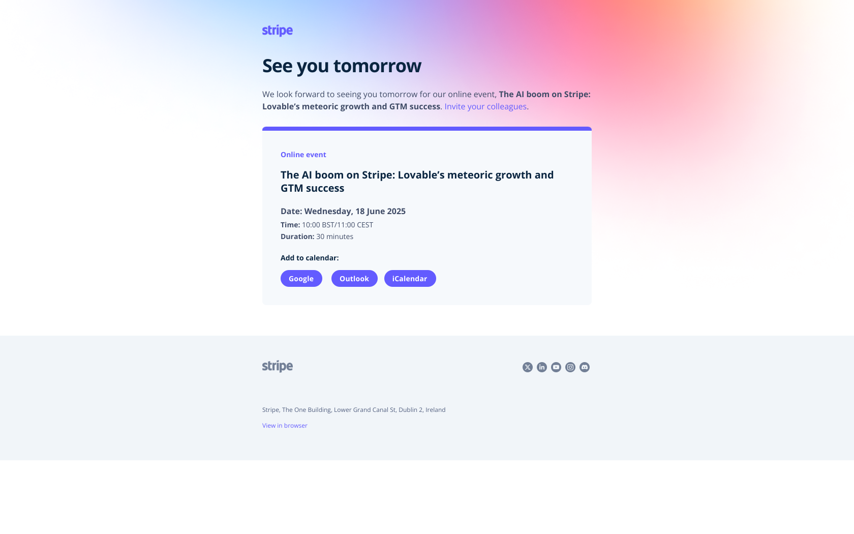 Reminder: "The AI boom on Stripe: Lovable’s meteoric growth and GTM success" is tomorrow — email screenshot from Stripe