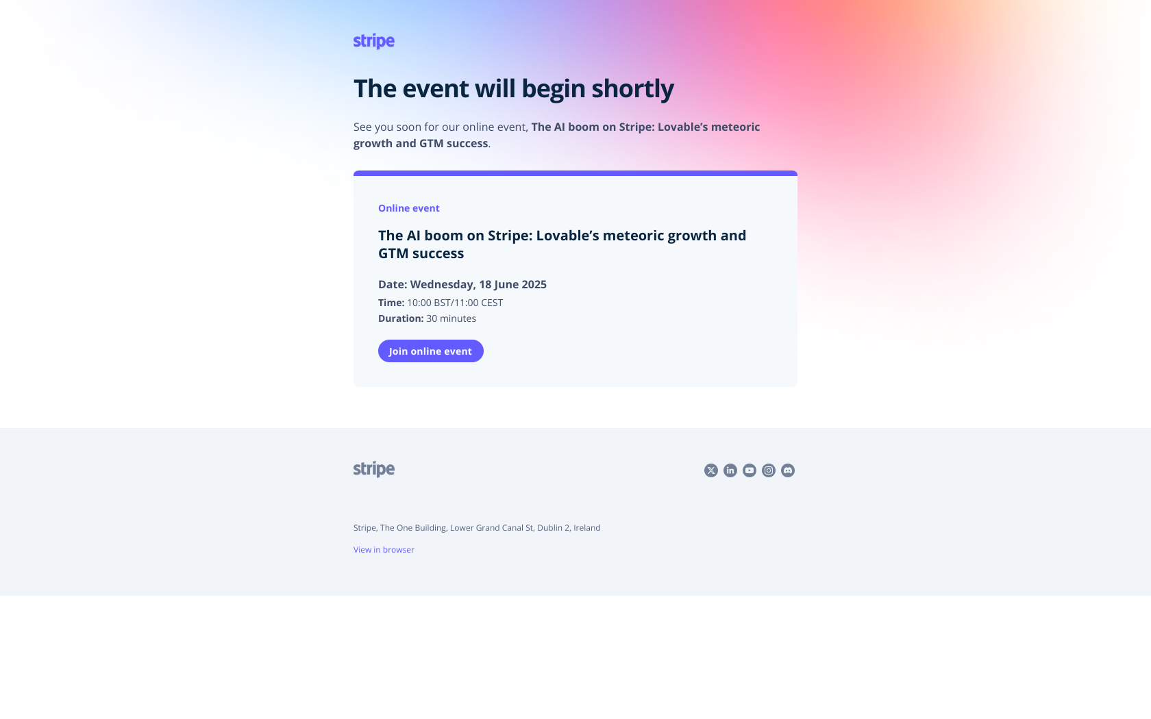 Reminder: "The AI boom on Stripe: Lovable’s meteoric growth and GTM success" starts soon — email screenshot from Stripe