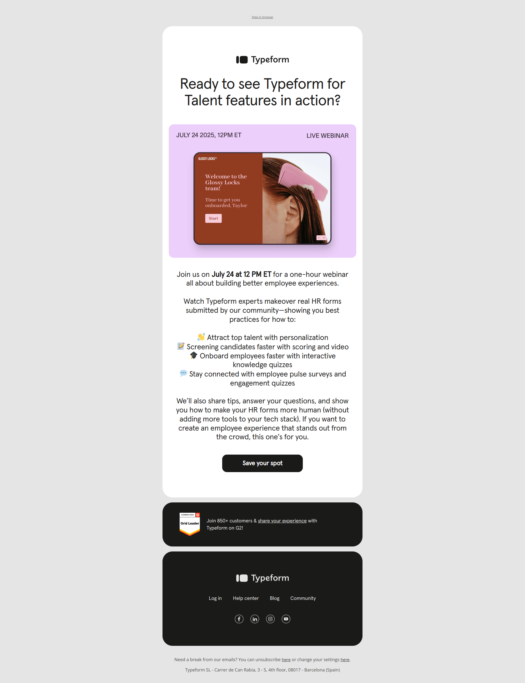 You're invited: Expert tips for better HR forms 🤝 — email screenshot from Typeform
