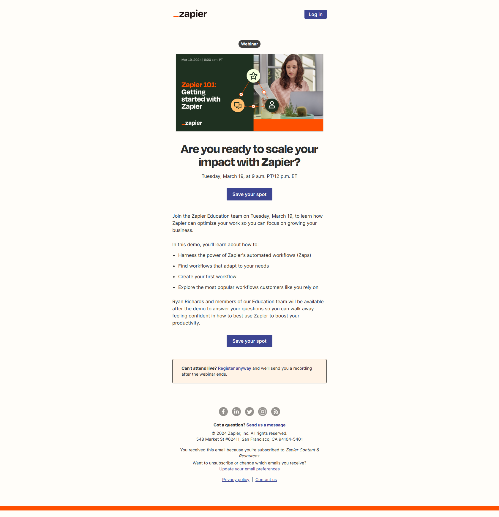 [Webinar] Zapier 101: Learn how to use automated workflows — email screenshot from Zapier