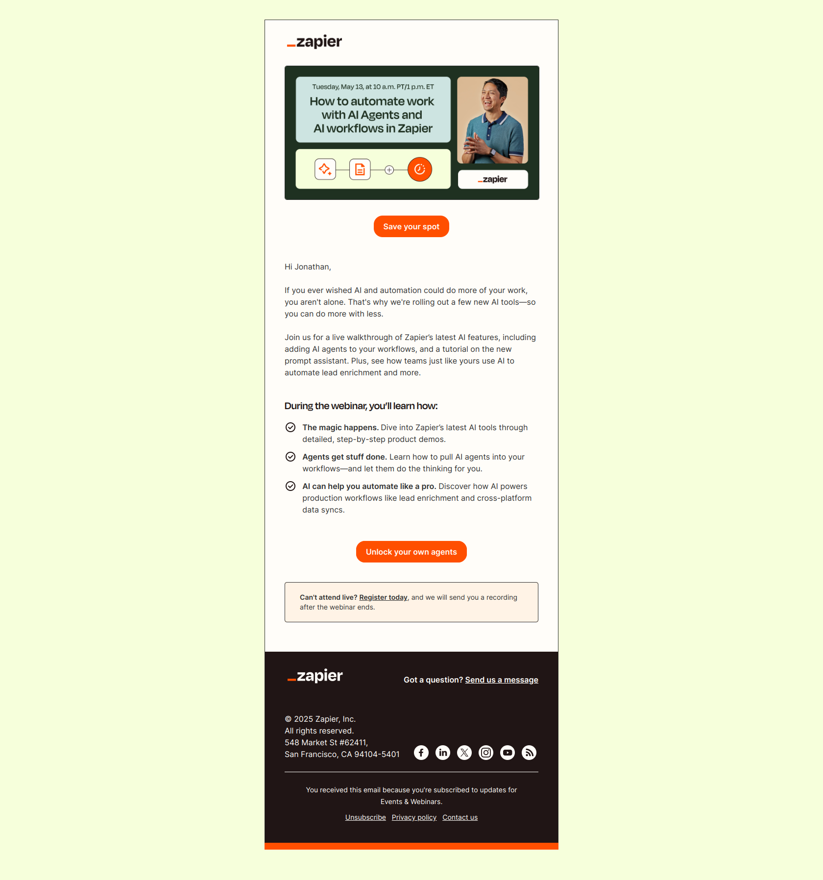 [Webinar] Automate work with AI agents and AI automation — email screenshot from Zapier