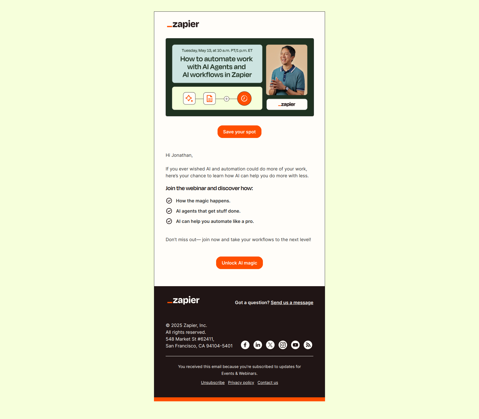 You’re missing out! Register now to see AI workflows in action. — email screenshot from Zapier