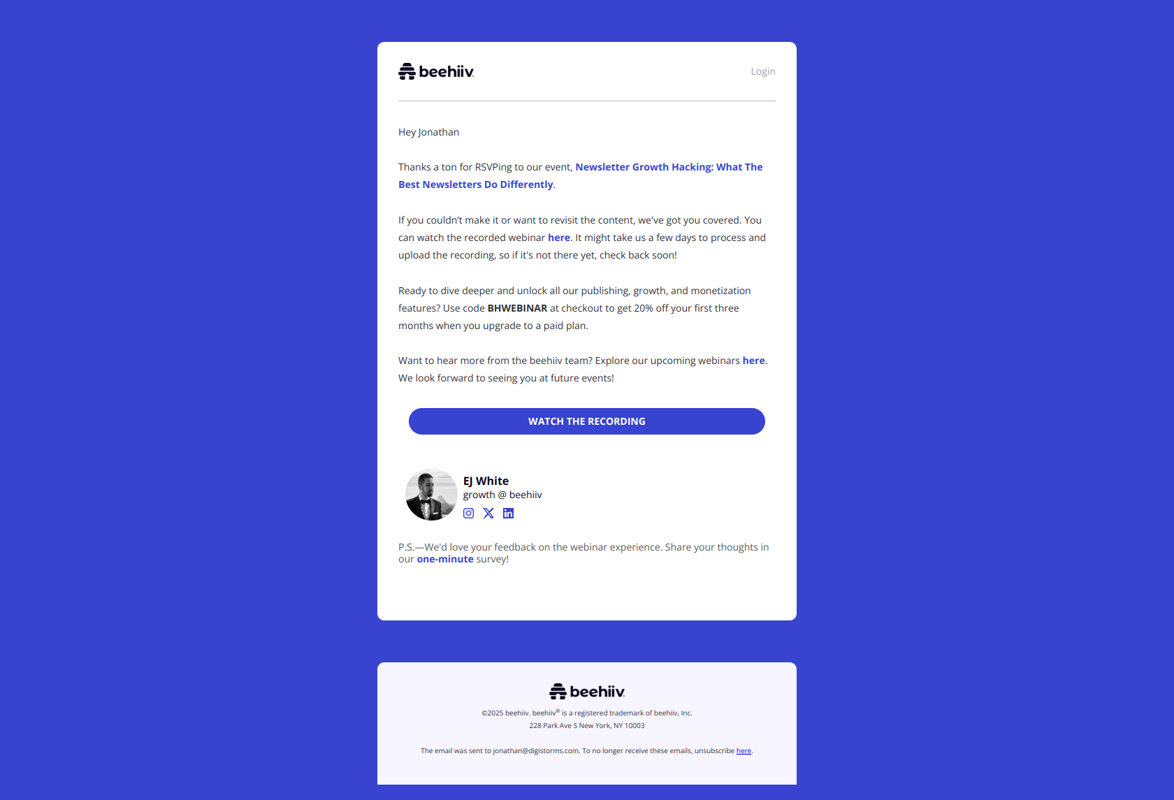 Catch the Full Recording: Newsletter Growth Hacking — email screenshot from Beehiiv