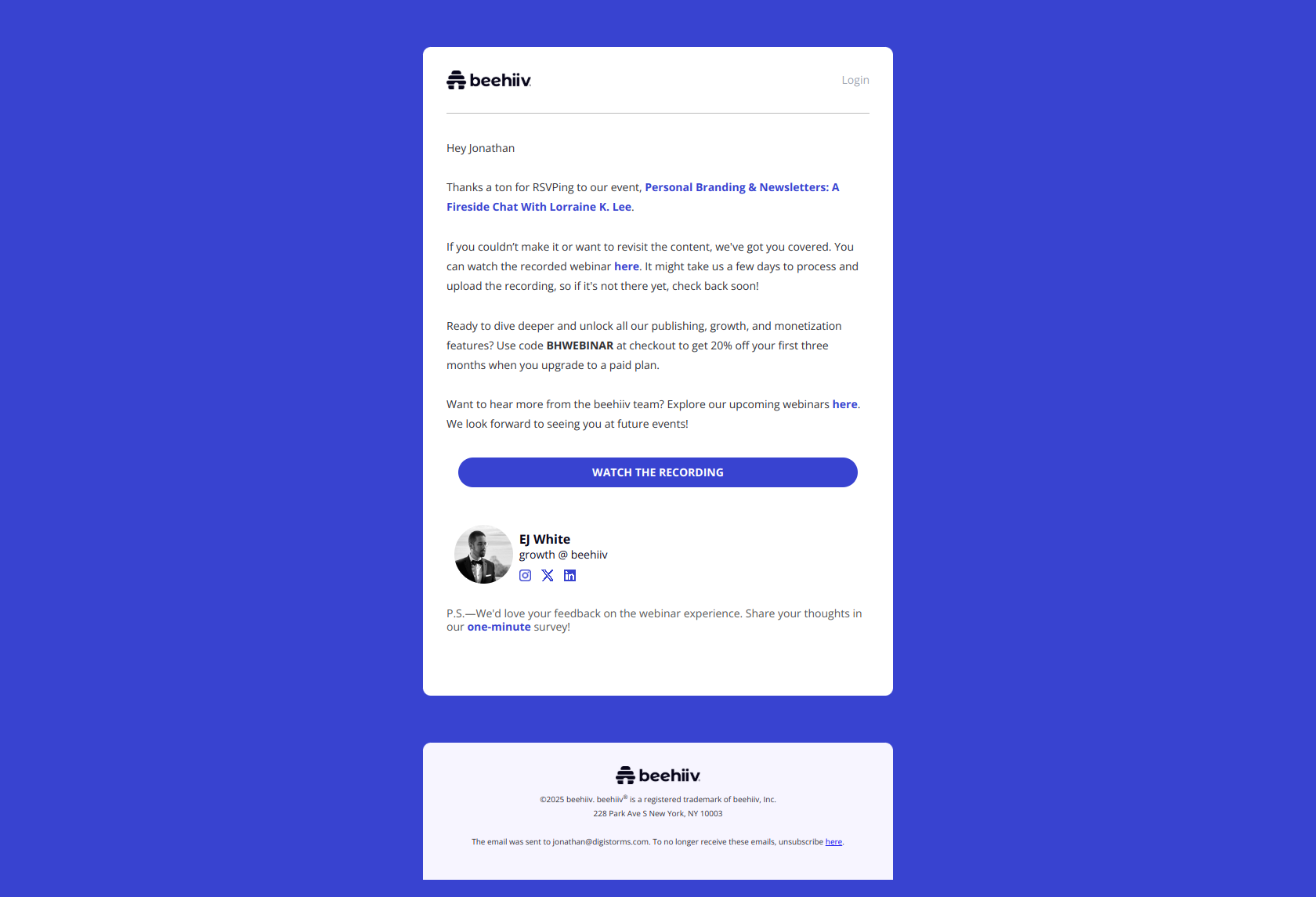 Catch the Full Recording: Personal Branding & Newsletters — email screenshot from Beehiiv
