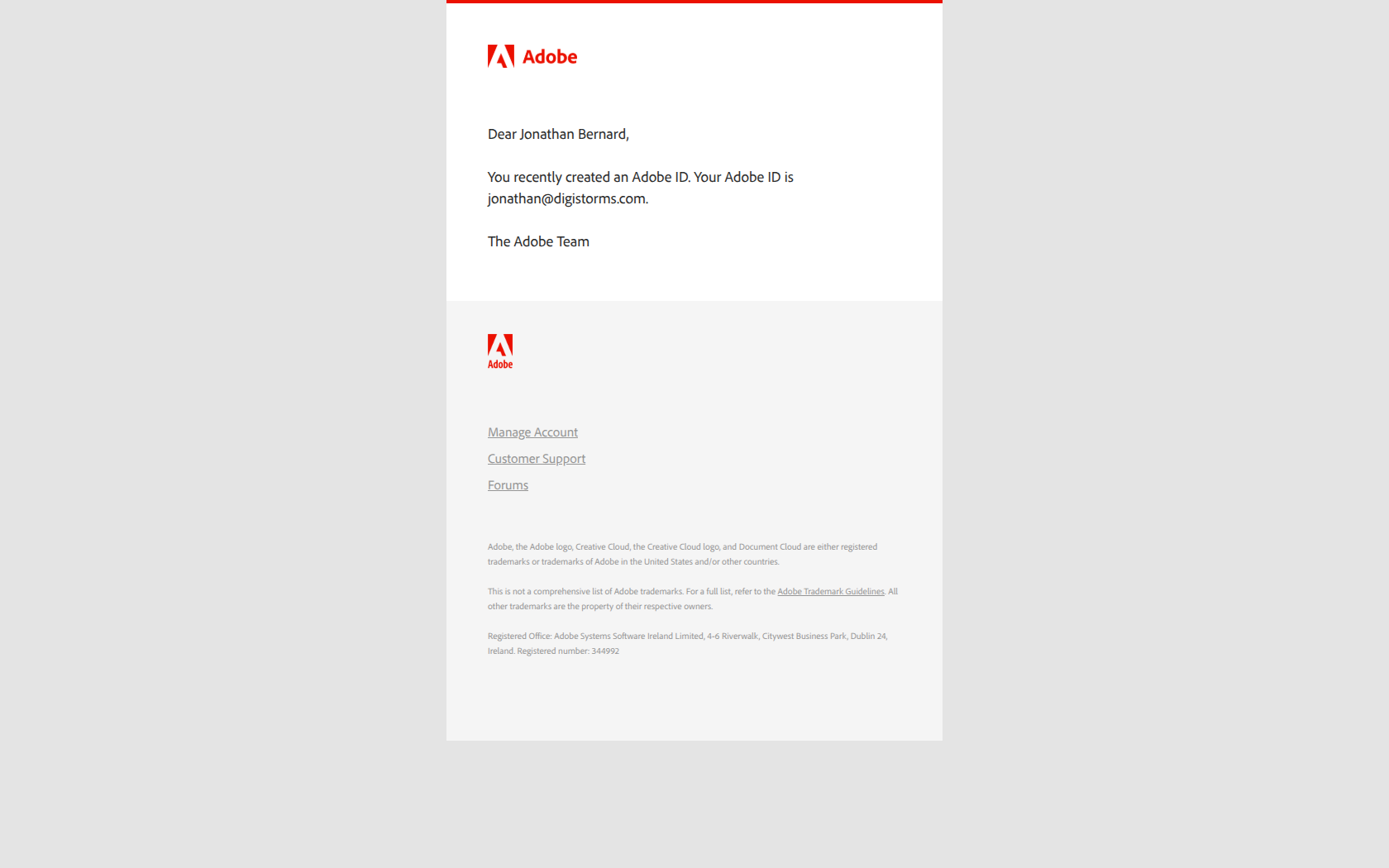 Welcome to Adobe — email screenshot from Adobe