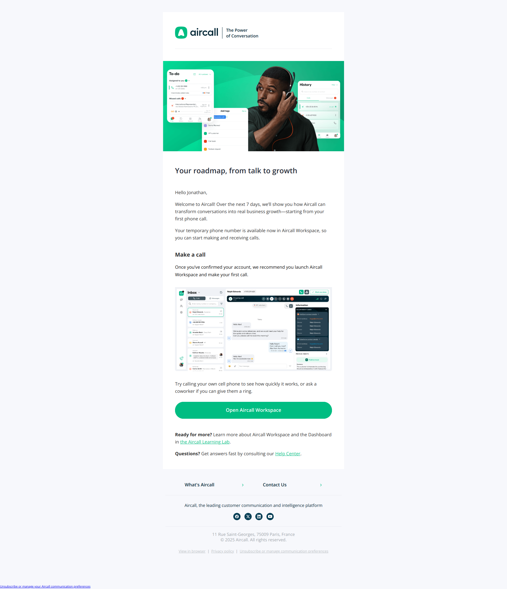 Welcome to Aircall! Allow us to introduce ourselves — email screenshot from Aircall