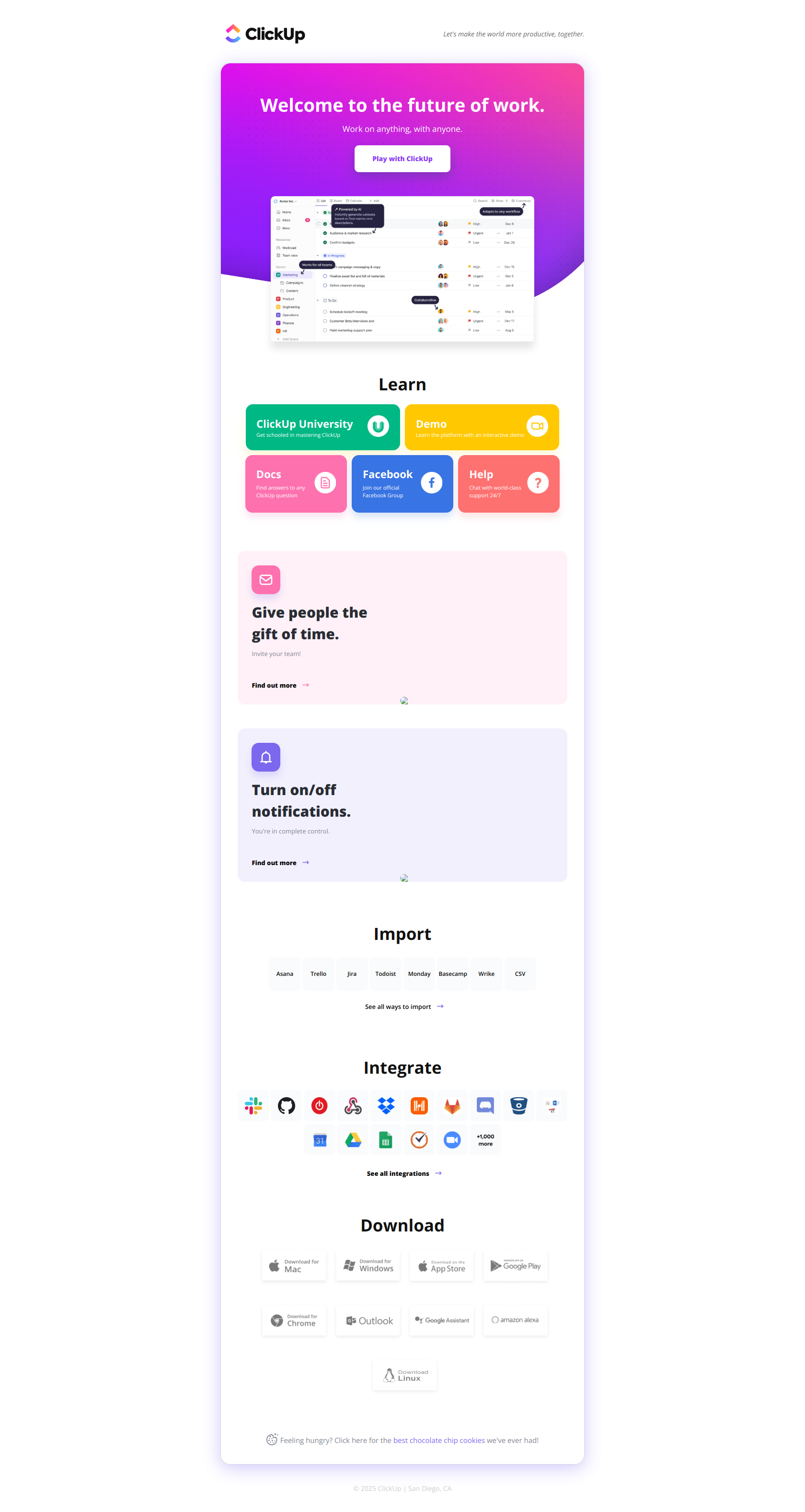 Warm chocolate ClickUp cookies — email screenshot from Clickup