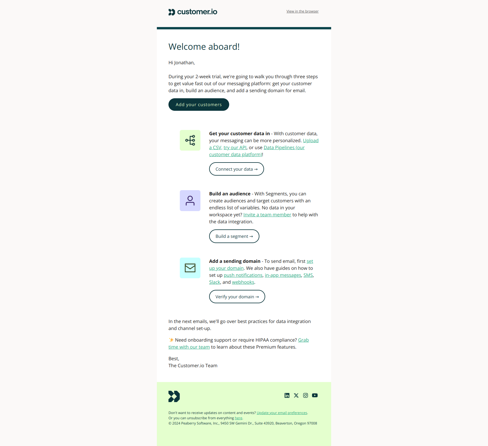 Welcome to Customer.io! 👋 — email screenshot from Customer.io