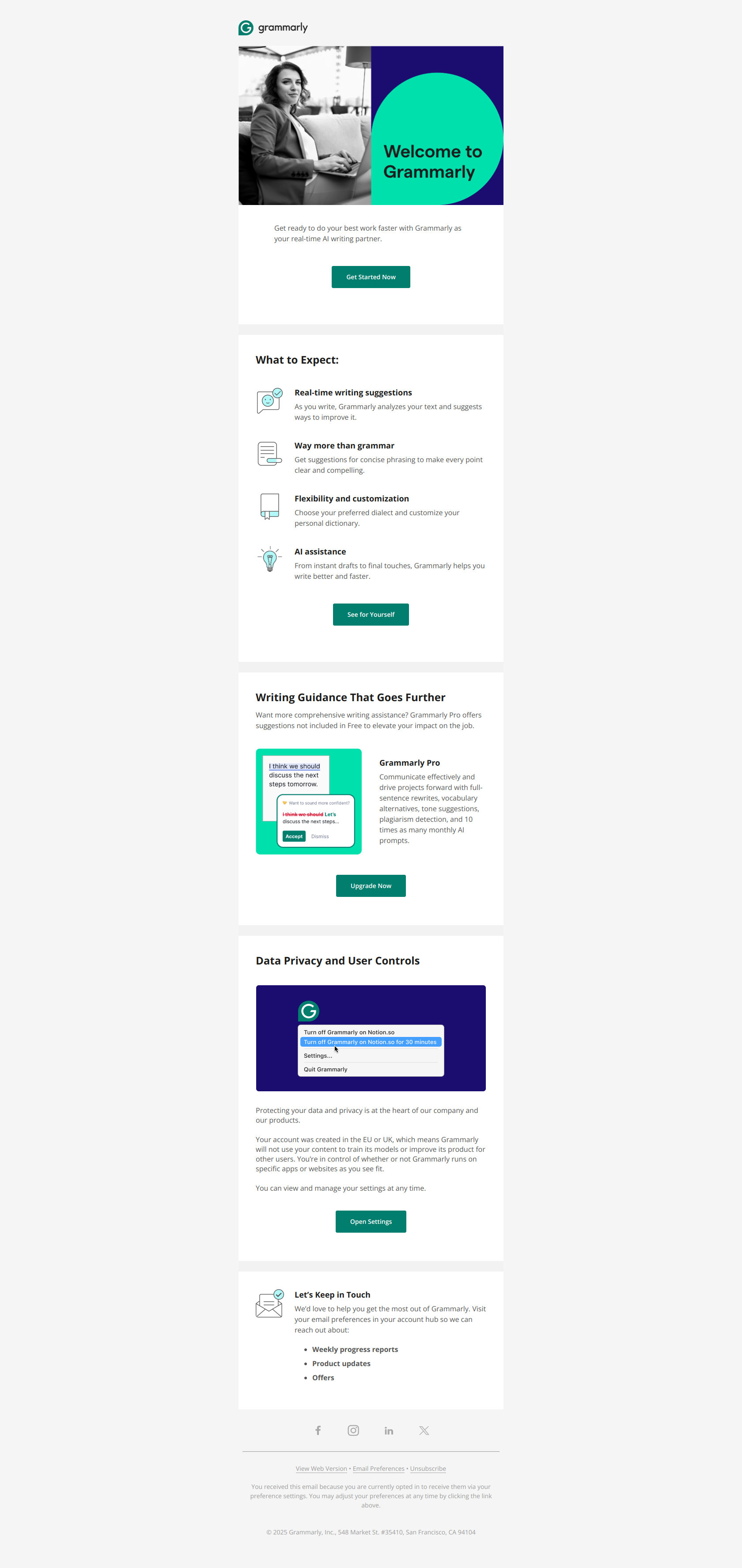 Welcome to Grammarly — email screenshot from Grammarly