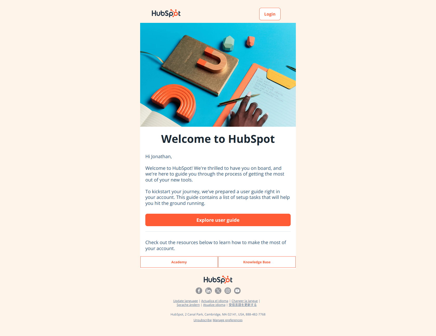 Welcome to HubSpot! Let's Get Started 🚀 — email screenshot from Hubspot