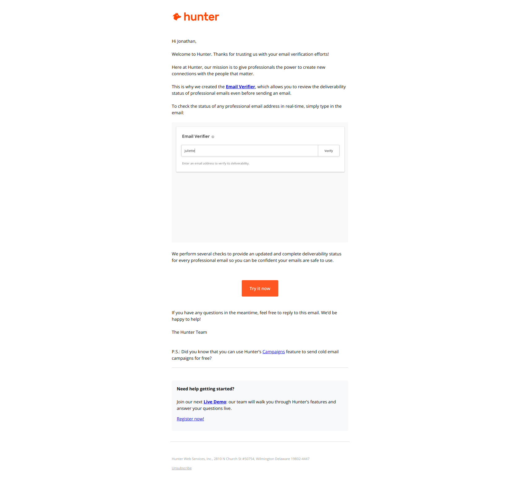 Hey Jonathan, let's get started with Hunter — email screenshot from Hunter.io