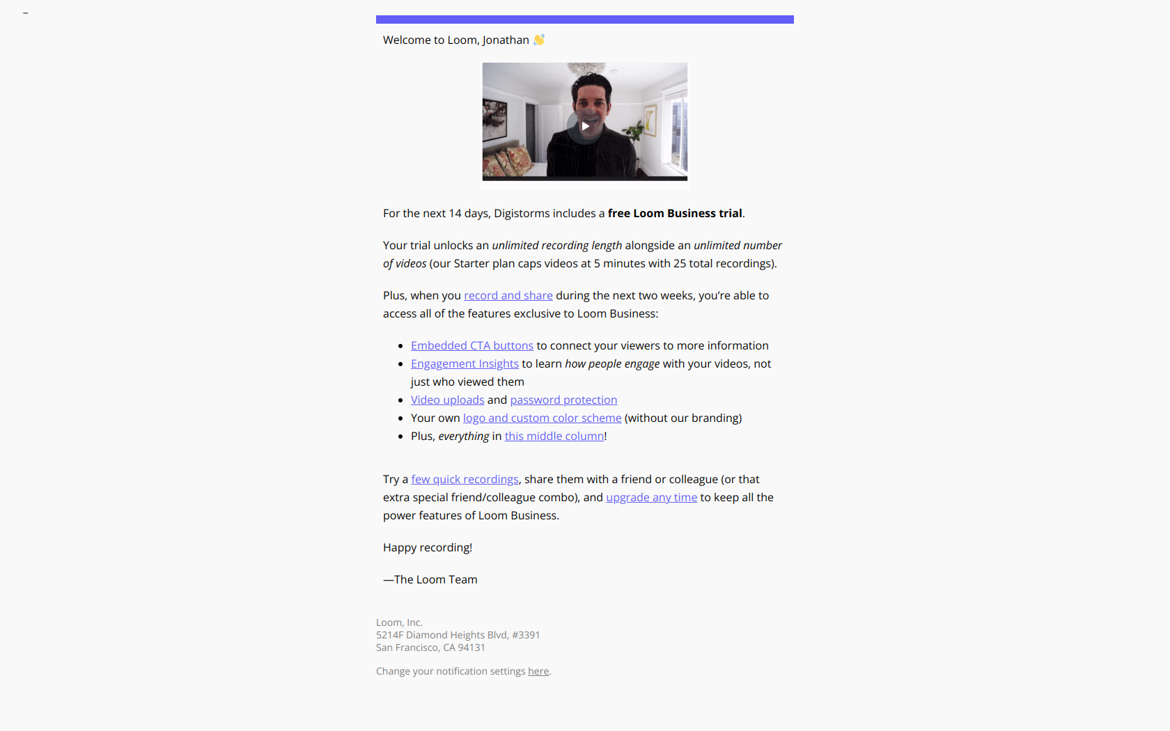 Loom Business! Welcome to your trial 🔮 — email screenshot from Loom