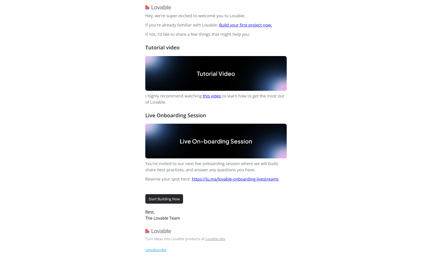 Welcome to Lovable — email screenshot from Lovable