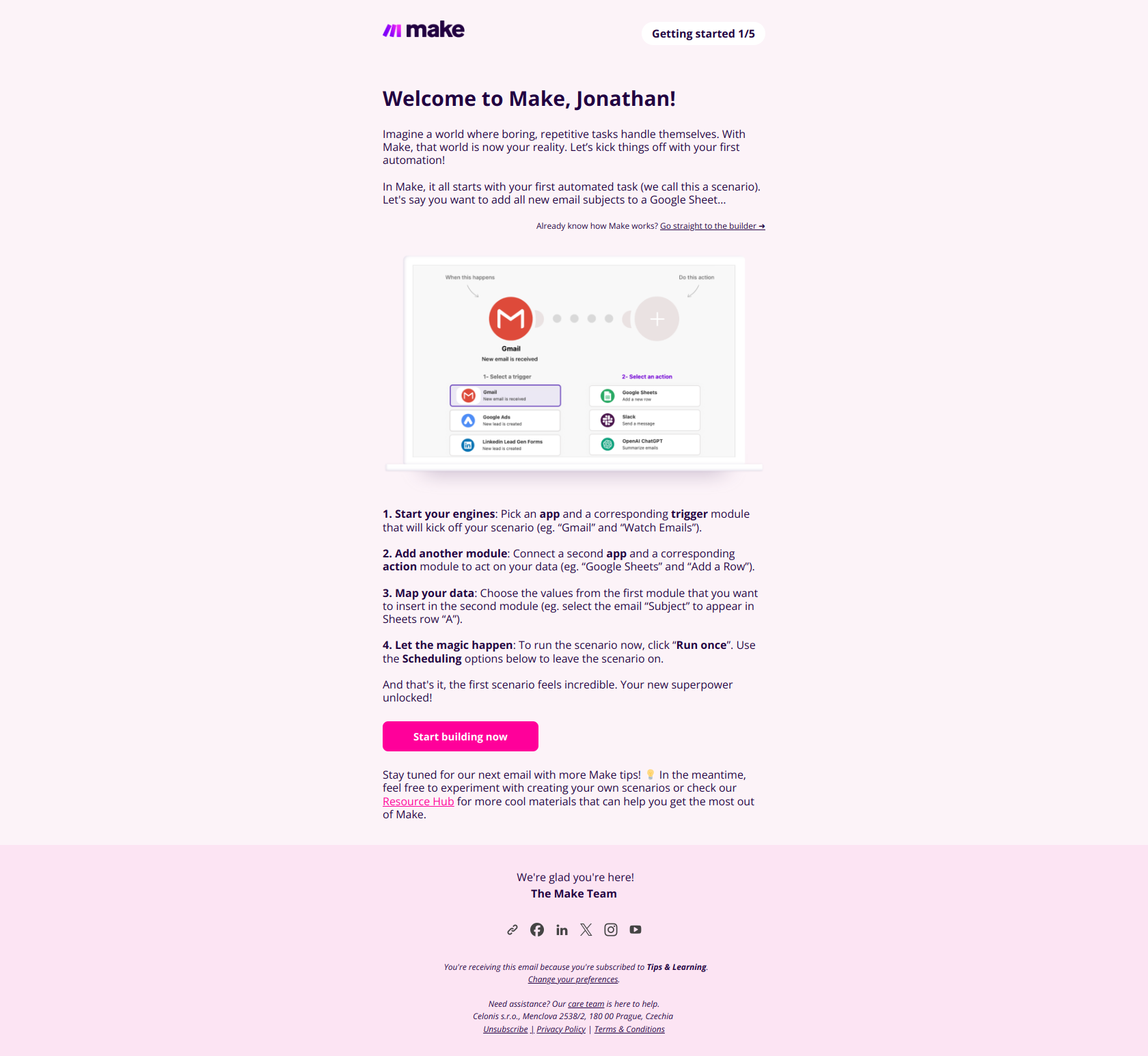 🟣  Welcome to Make, Jonathan! What’s the first thing you’ll automate? — email screenshot from Make