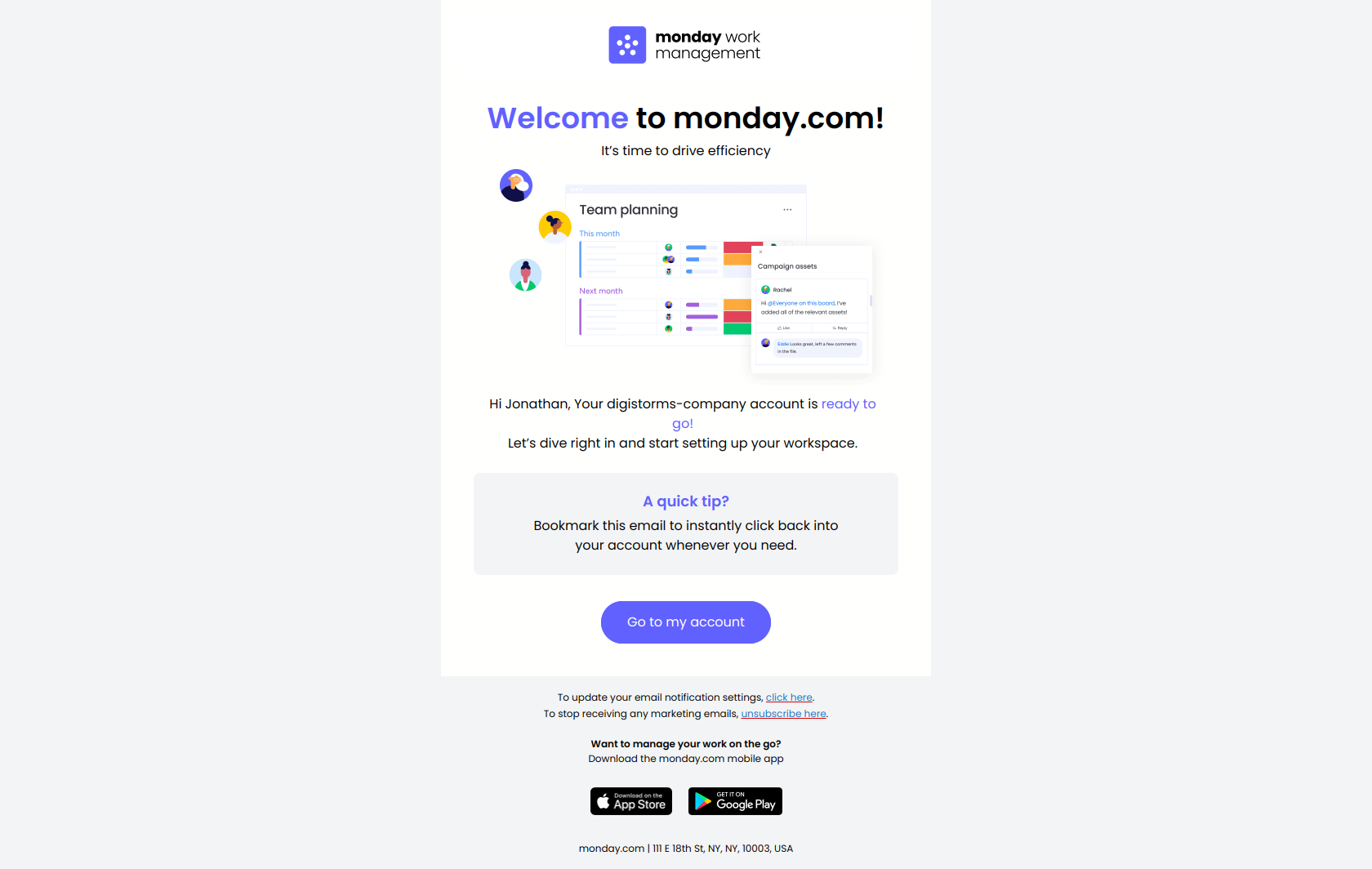 Welcome to monday.com 🎉 — email screenshot from Monday