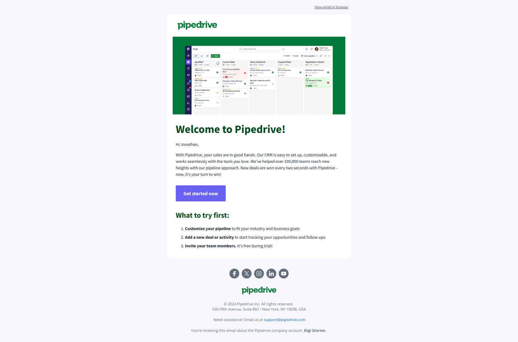 Welcome to Pipedrive Jonathan! — email screenshot from Pipedrive