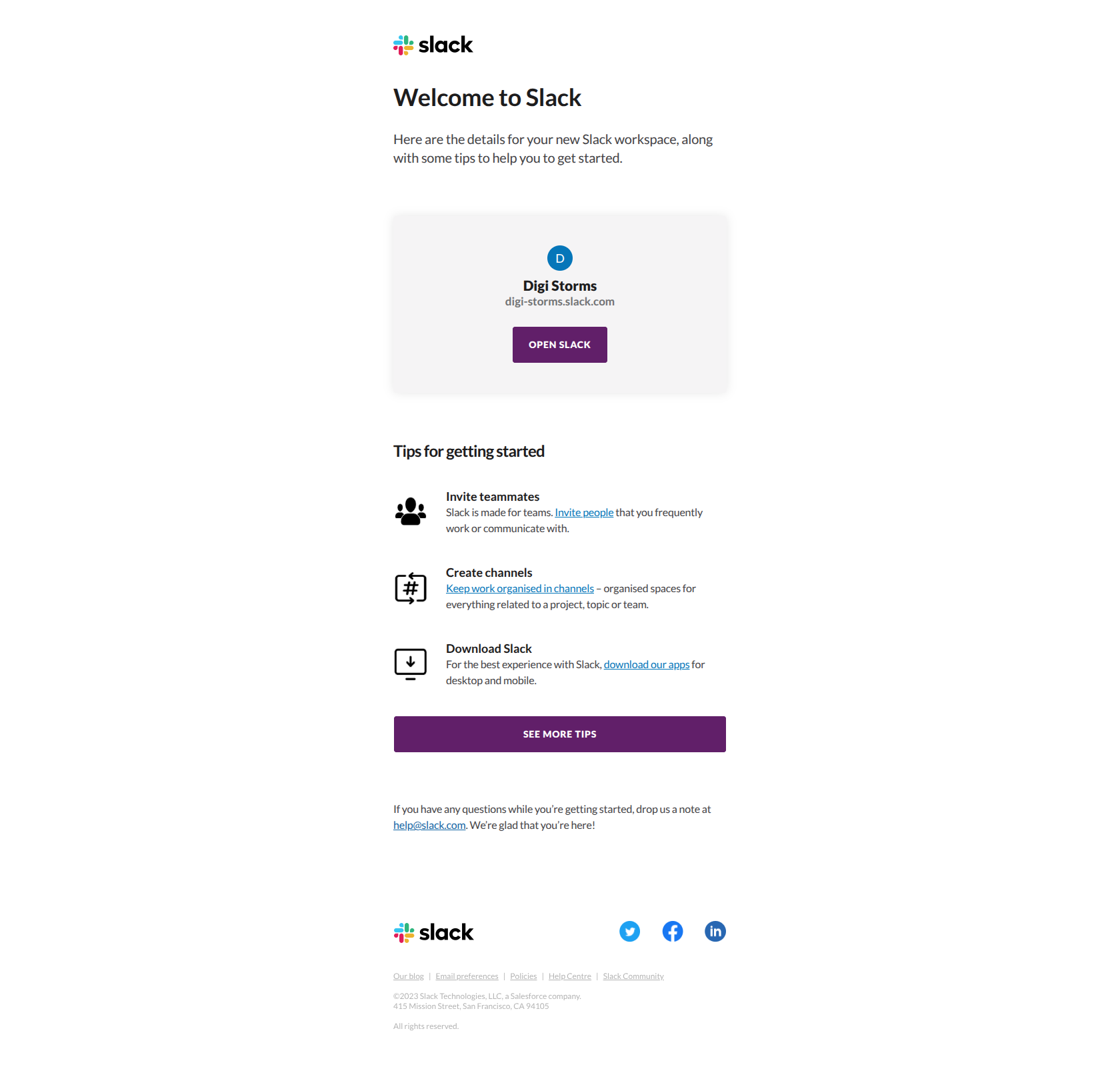 Digi Storms on Slack: new account details — email screenshot from Slack
