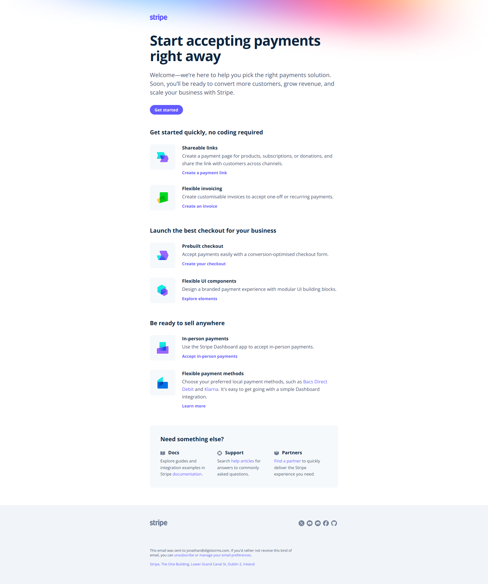 Welcome—let’s get you started — email screenshot from Stripe