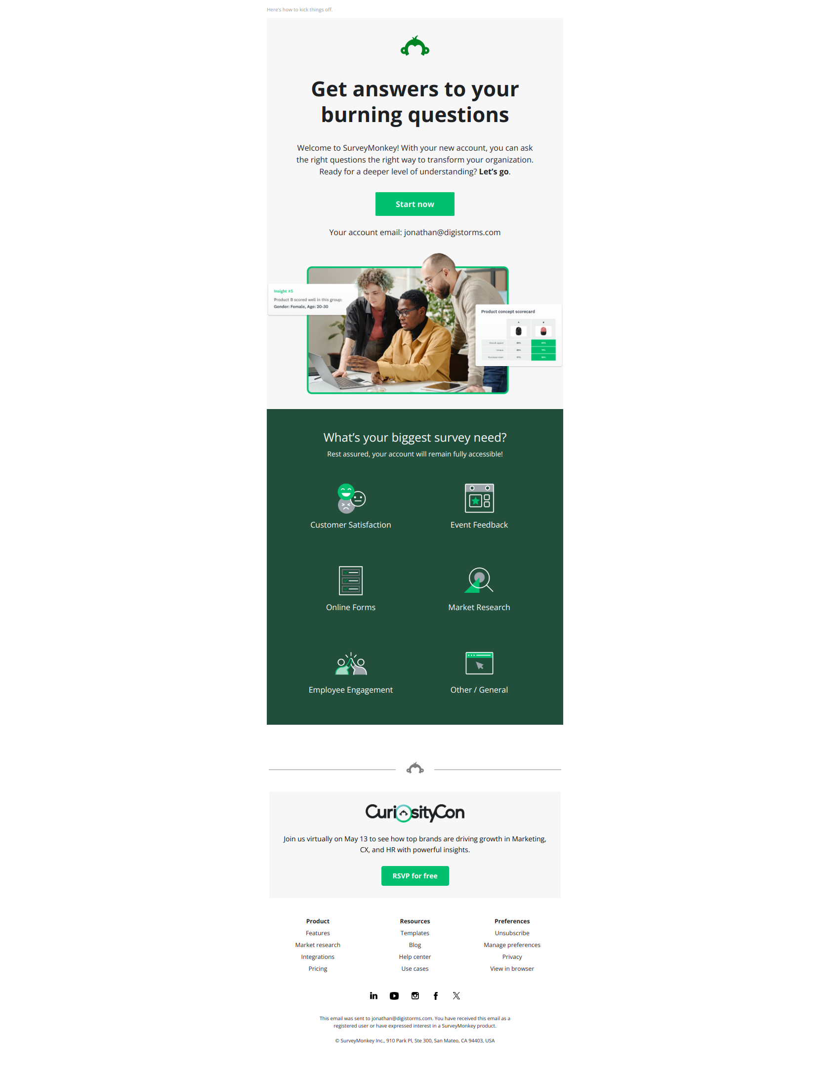 Welcome! Let’s get started — email screenshot from SurveyMonkey