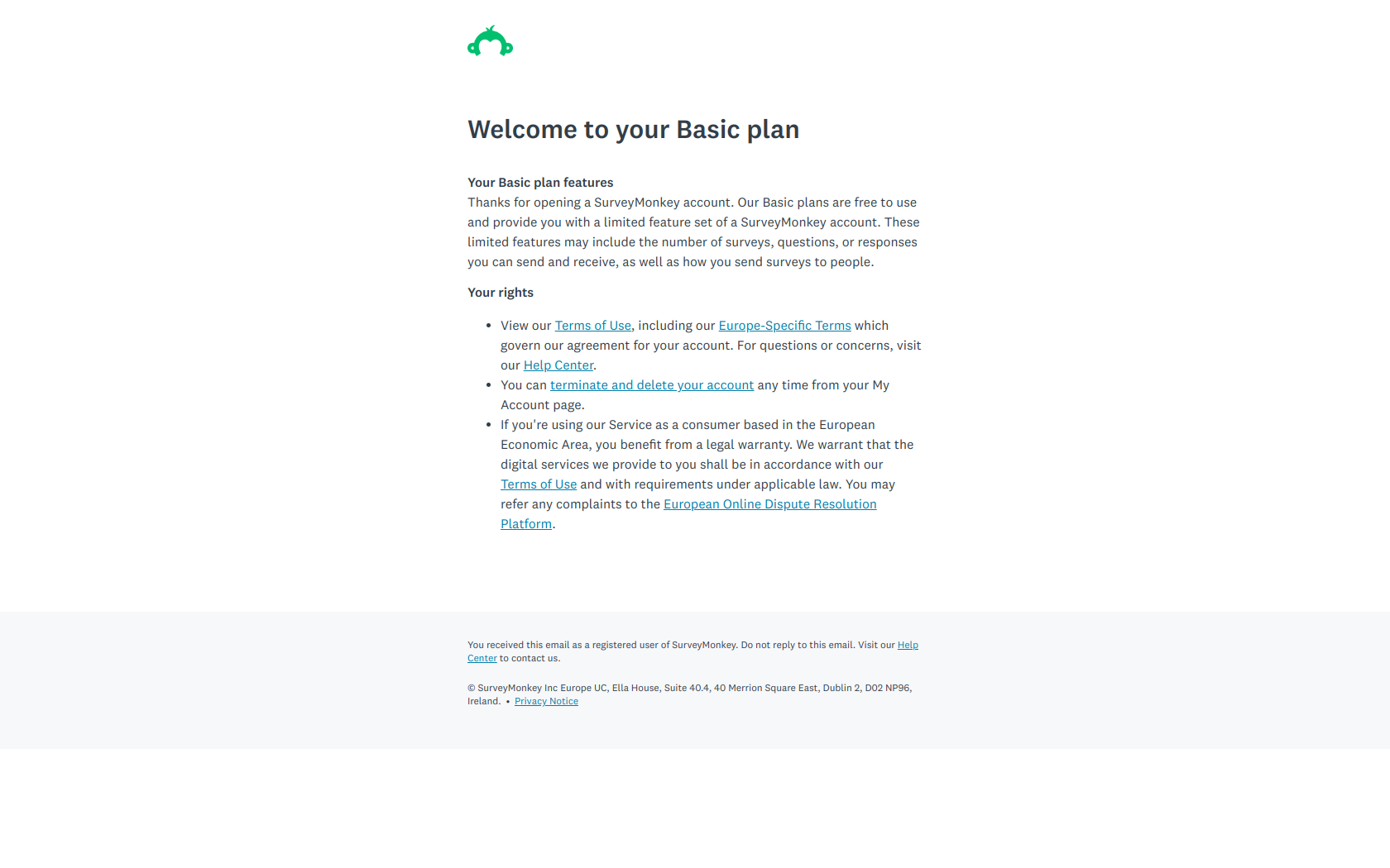 Welcome to your Basic plan — email screenshot from SurveyMonkey