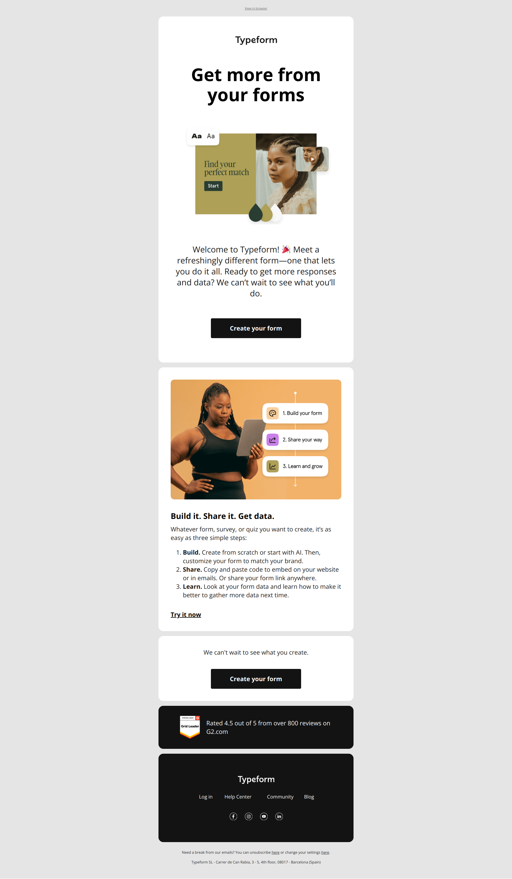 Welcome to Typeform! Let’s get started — email screenshot from Typeform