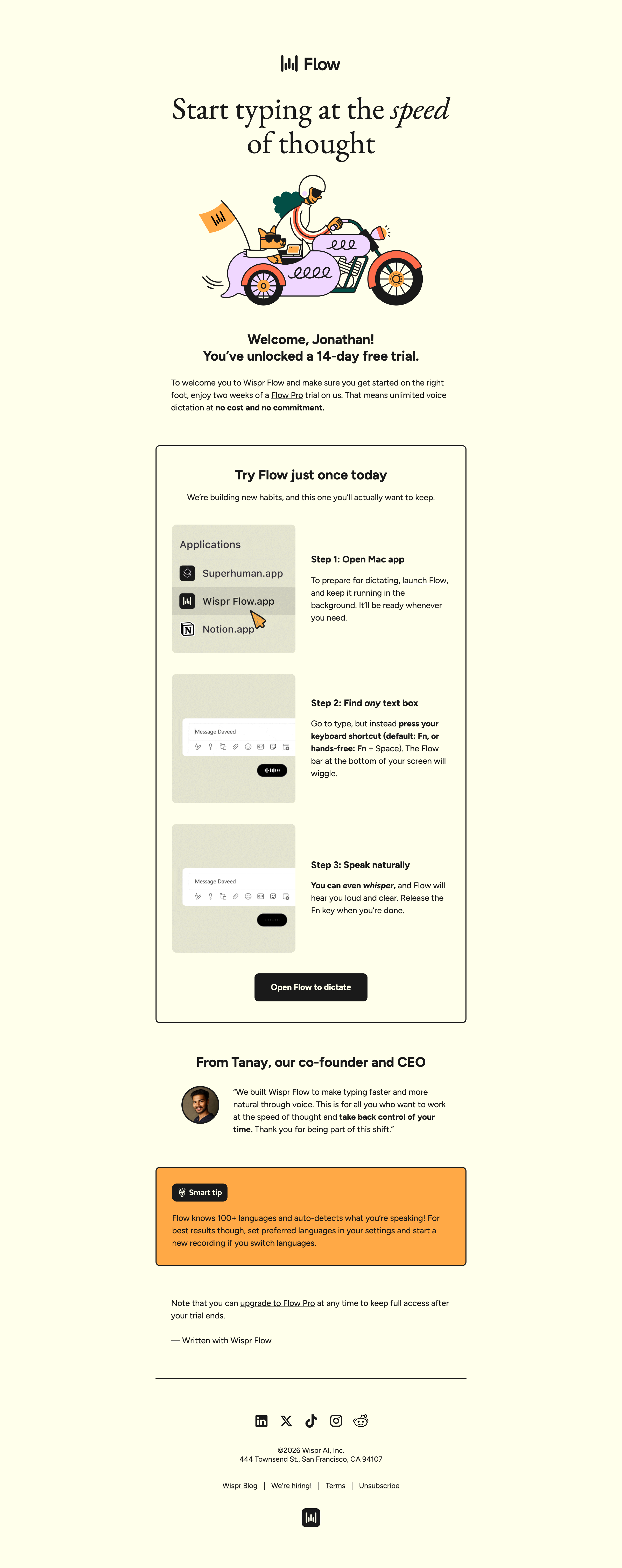 Welcome to Wispr Flow 💜 — email screenshot from Wispr Flow