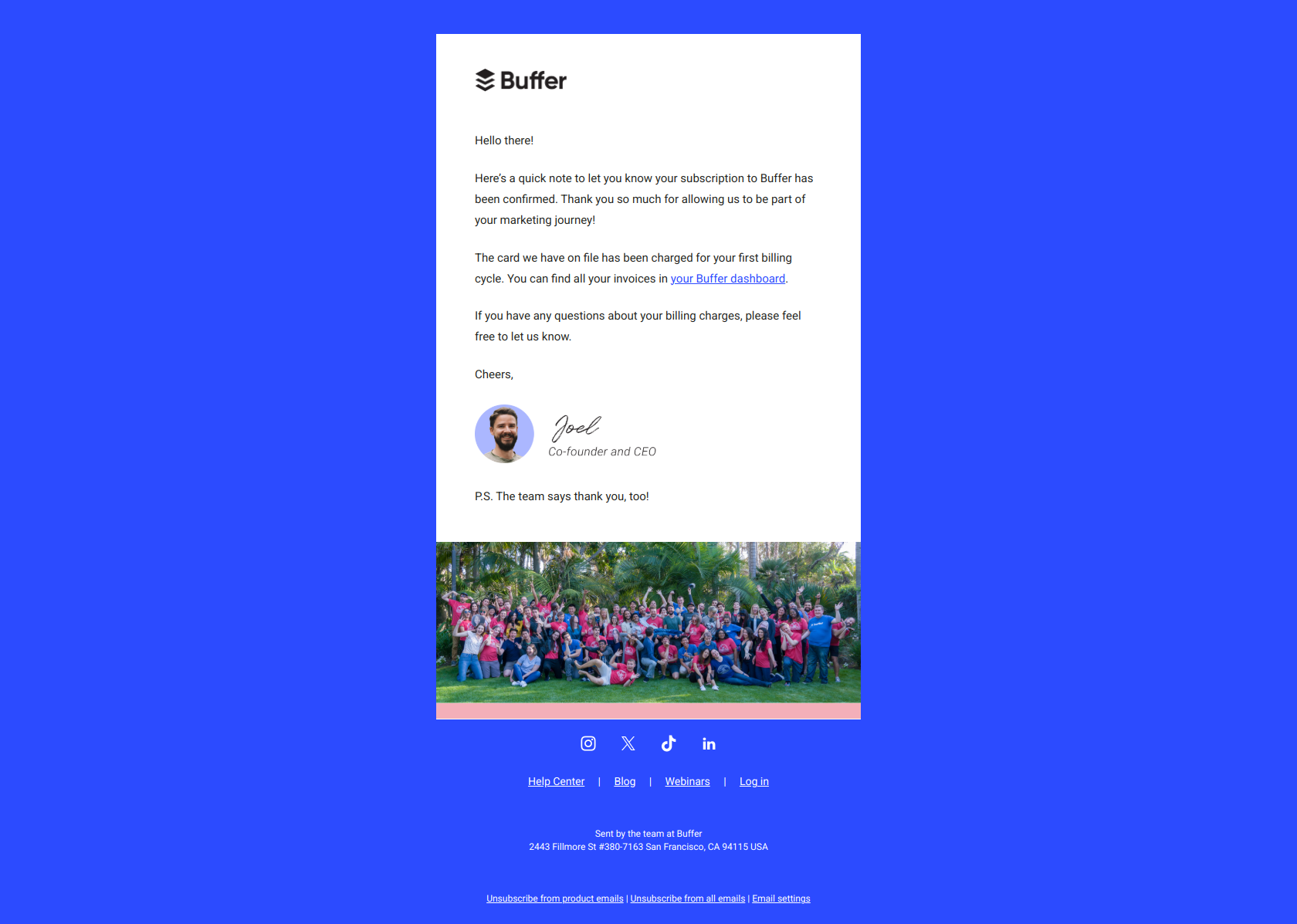 Awesome! You are in. — email screenshot from Buffer