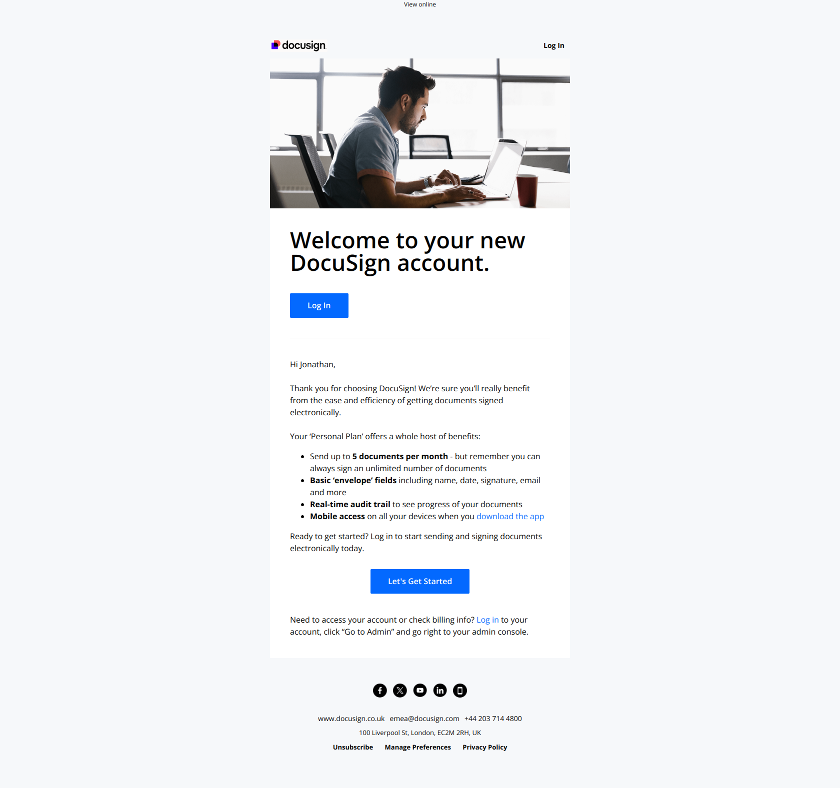 Welcome to Your New DocuSign Account! — email screenshot from Docusign