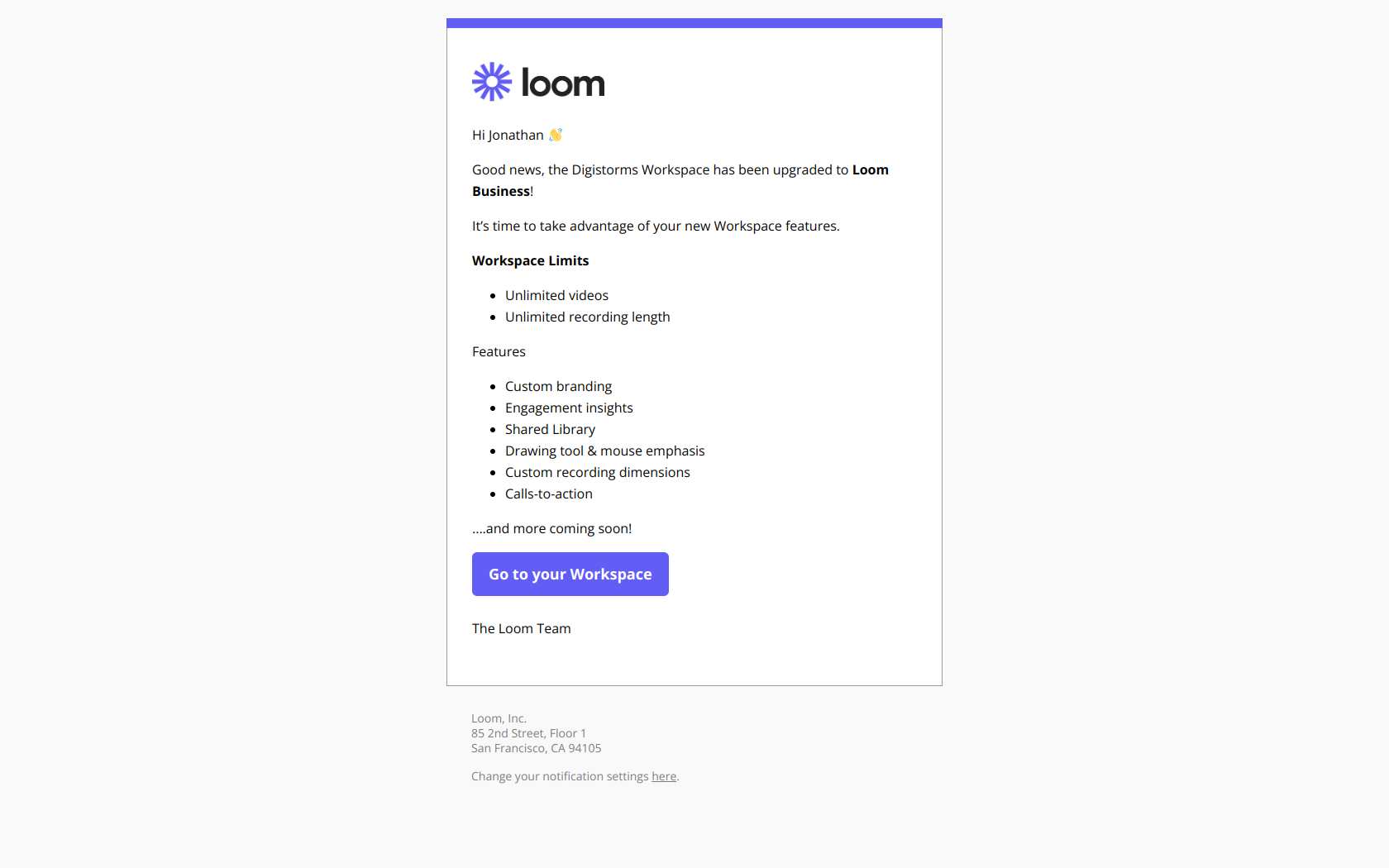 Welcome to Loom Business! — email screenshot from Loom
