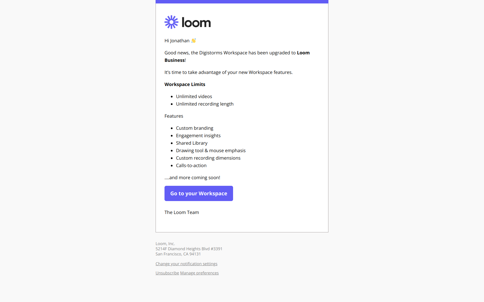 Welcome to Loom Business! — email screenshot from Loom