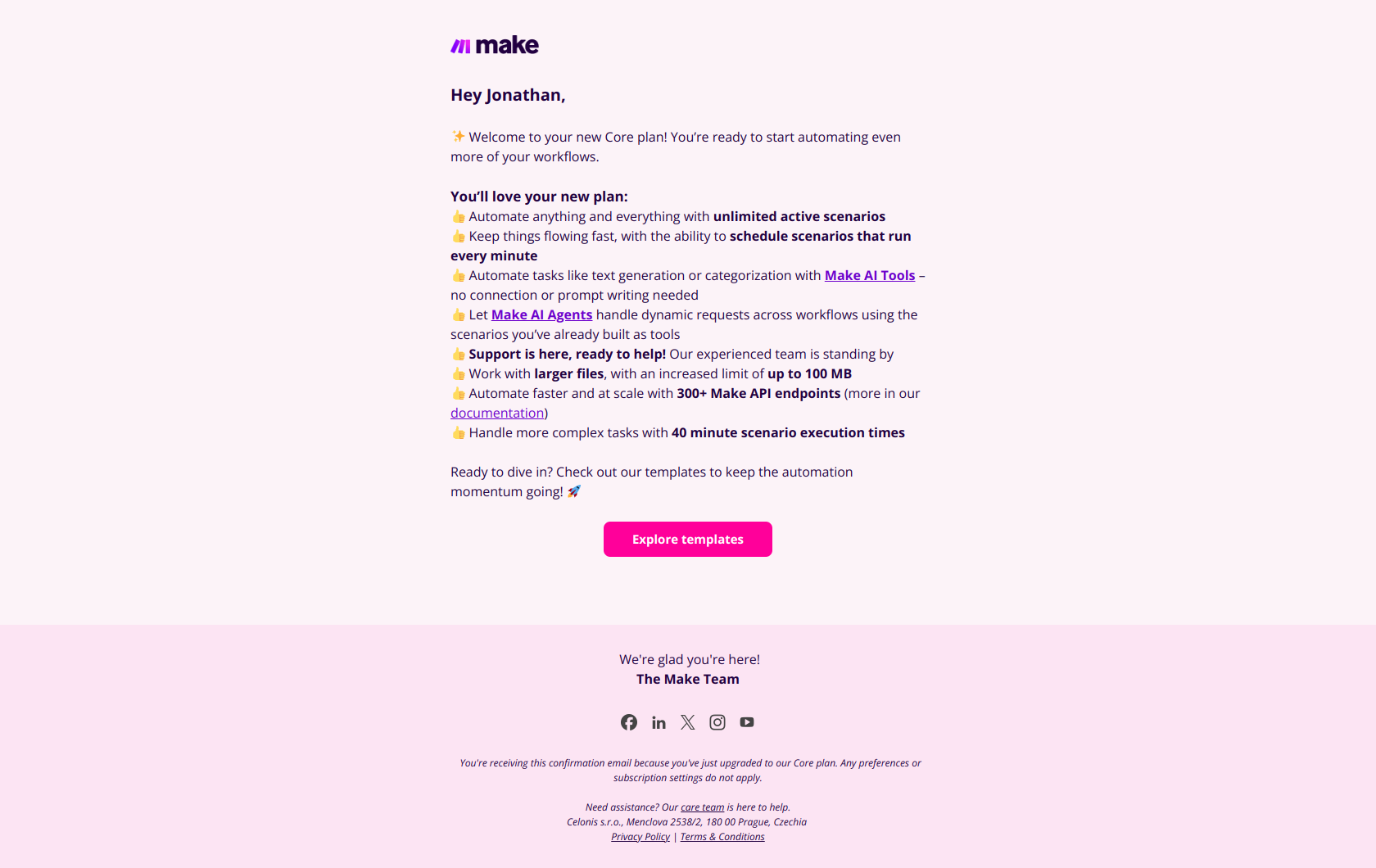 Welcome to Make Core! — email screenshot from Make