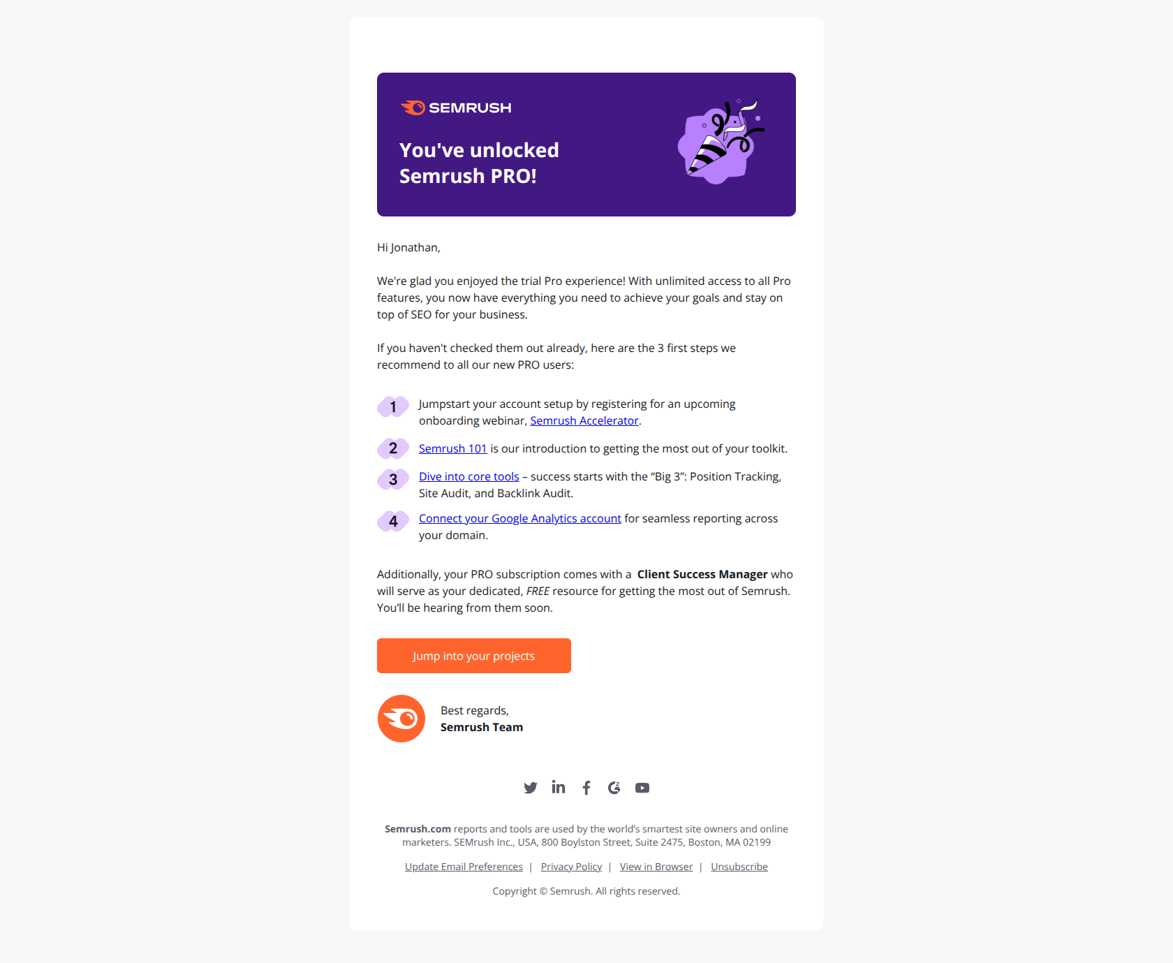 It's official – you're a Semrush PRO! — email screenshot from SemRush